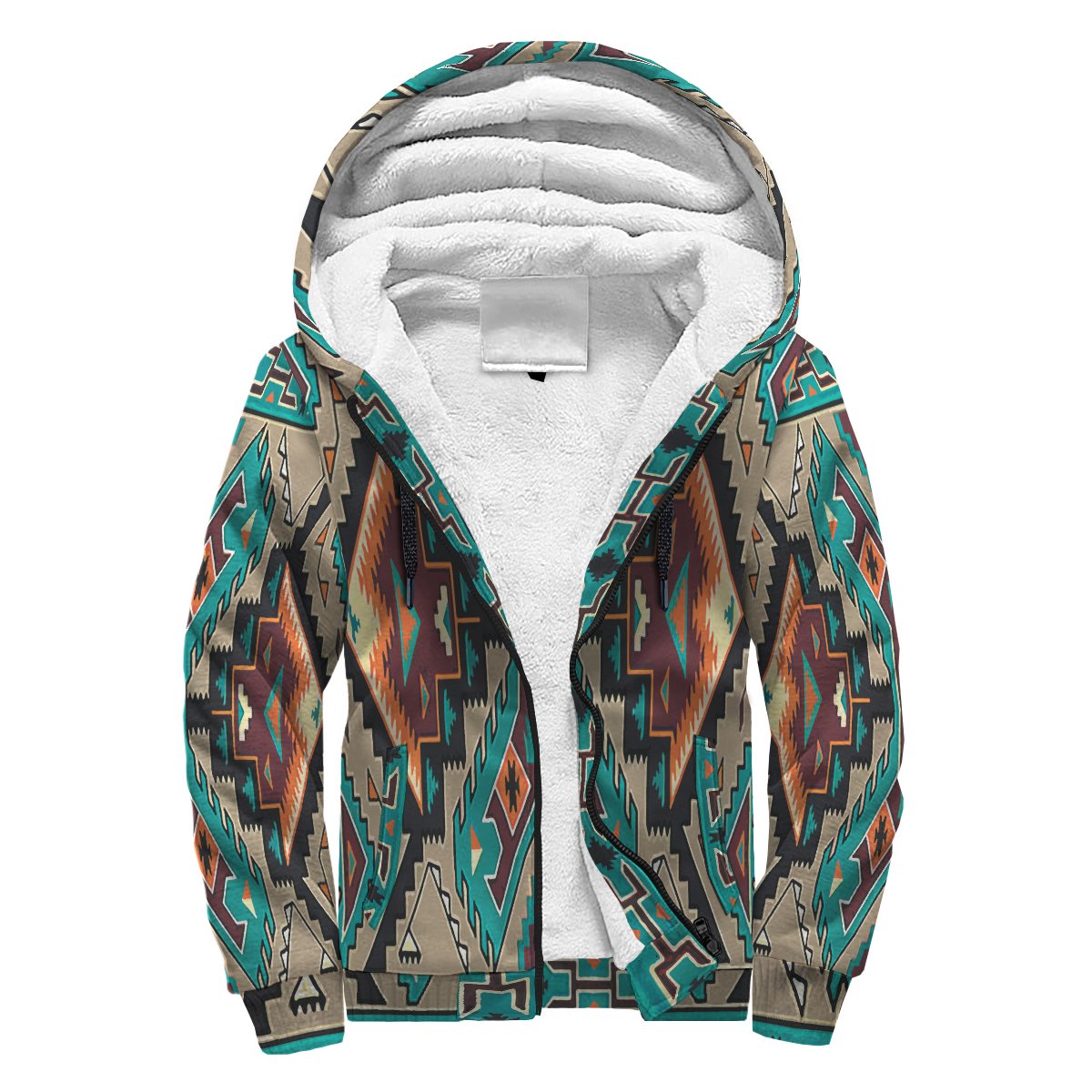 Colorful native pattern sherpa hoodie with full hood, soft white fleece lining, front view