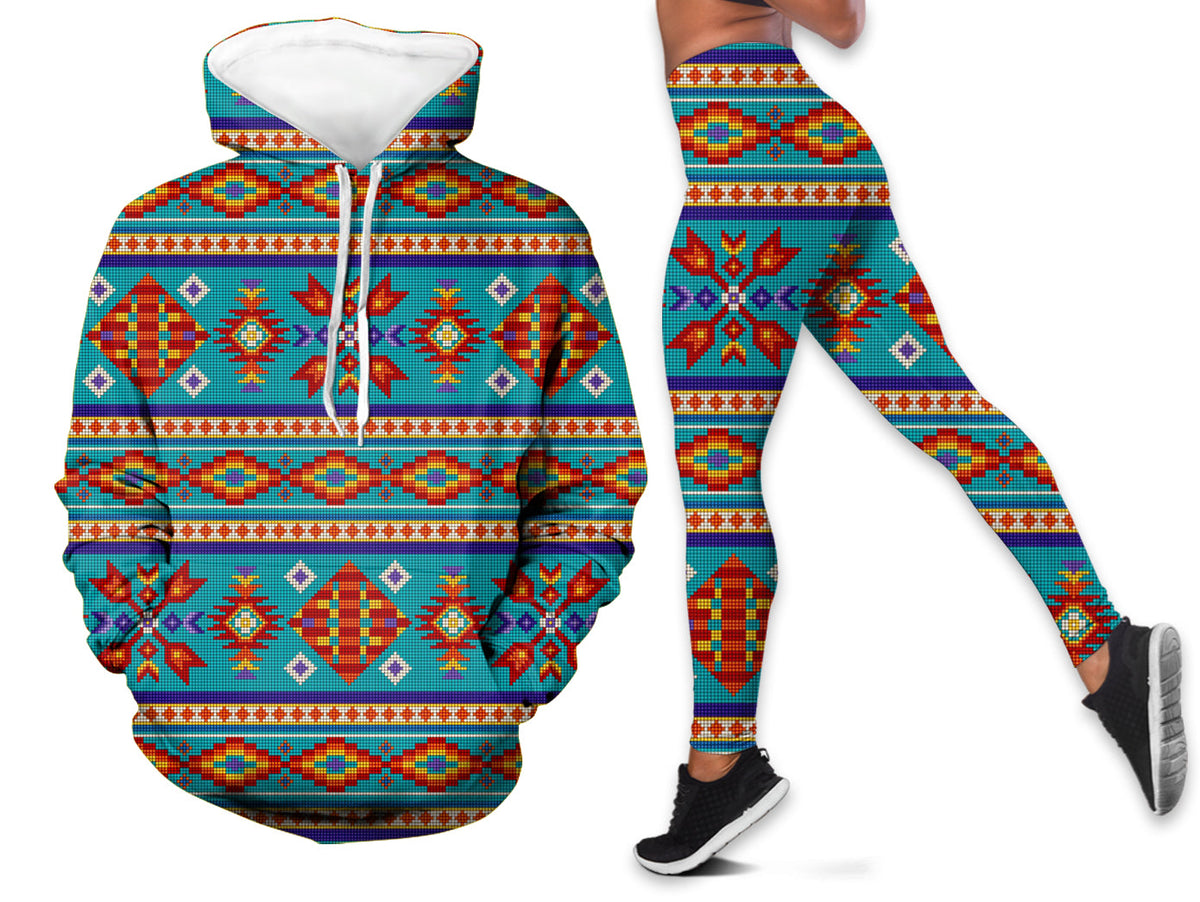 Blue hoodie and leggings set with multicolor diamond pattern, front zip and hood