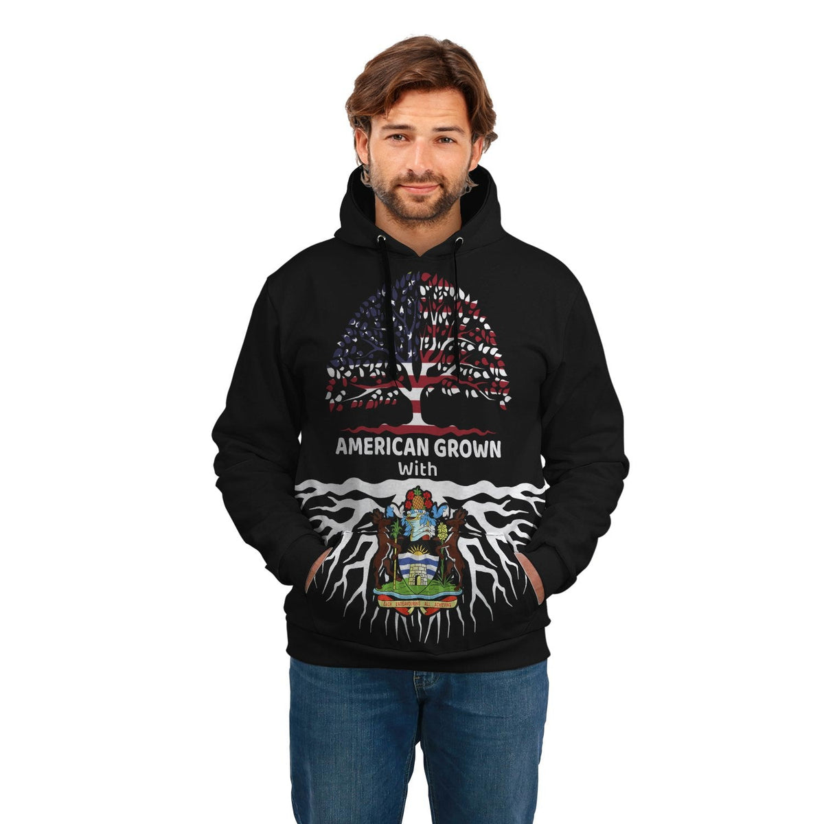 Black Pullover Hoodie mit farbigem Baum- und Flammenprint, Kängurutasche