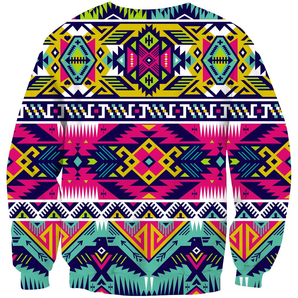 Front view neon multicolor tribal pattern sweatshirt with crewneck and long sleeves