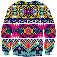 Front view neon multicolor tribal pattern sweatshirt with crewneck and long sleeves