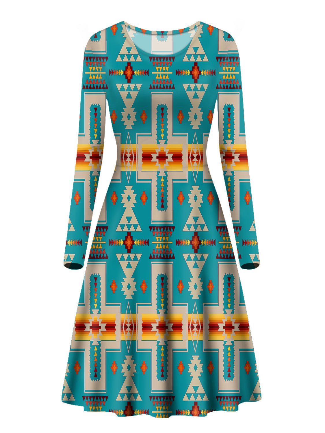 Turquoise long-sleeve dress with Native geometric pattern, crew neck, flared skirt