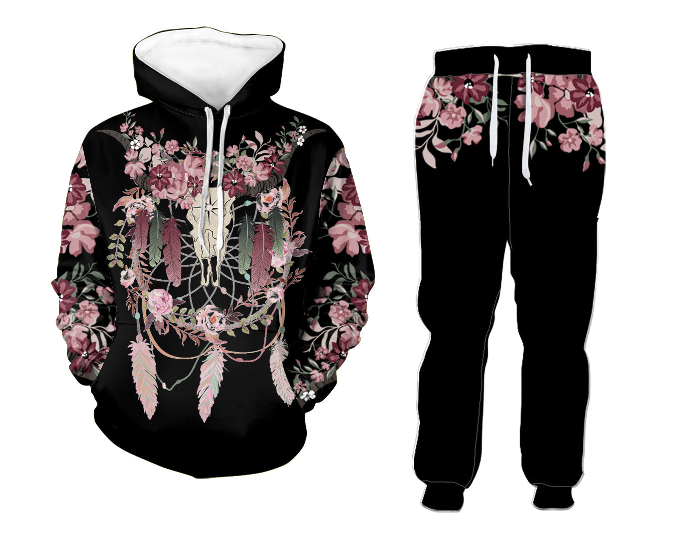 native-american-skull-bison-head-with-flowers-hoodie-leggings-set