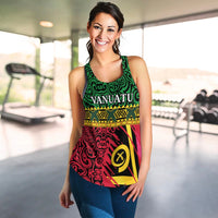 Green Vanuatu flag racerback tank top with large central emblem and patterned stripes