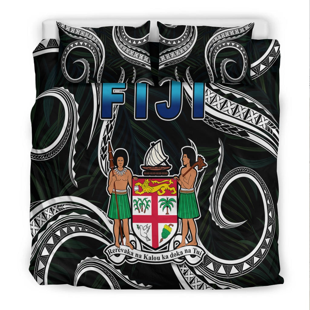Black and green Fiji bedding set with tribal motifs, coat of arms crest, FIJI text