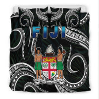 Black and green Fiji bedding set with tribal motifs, coat of arms crest, FIJI text