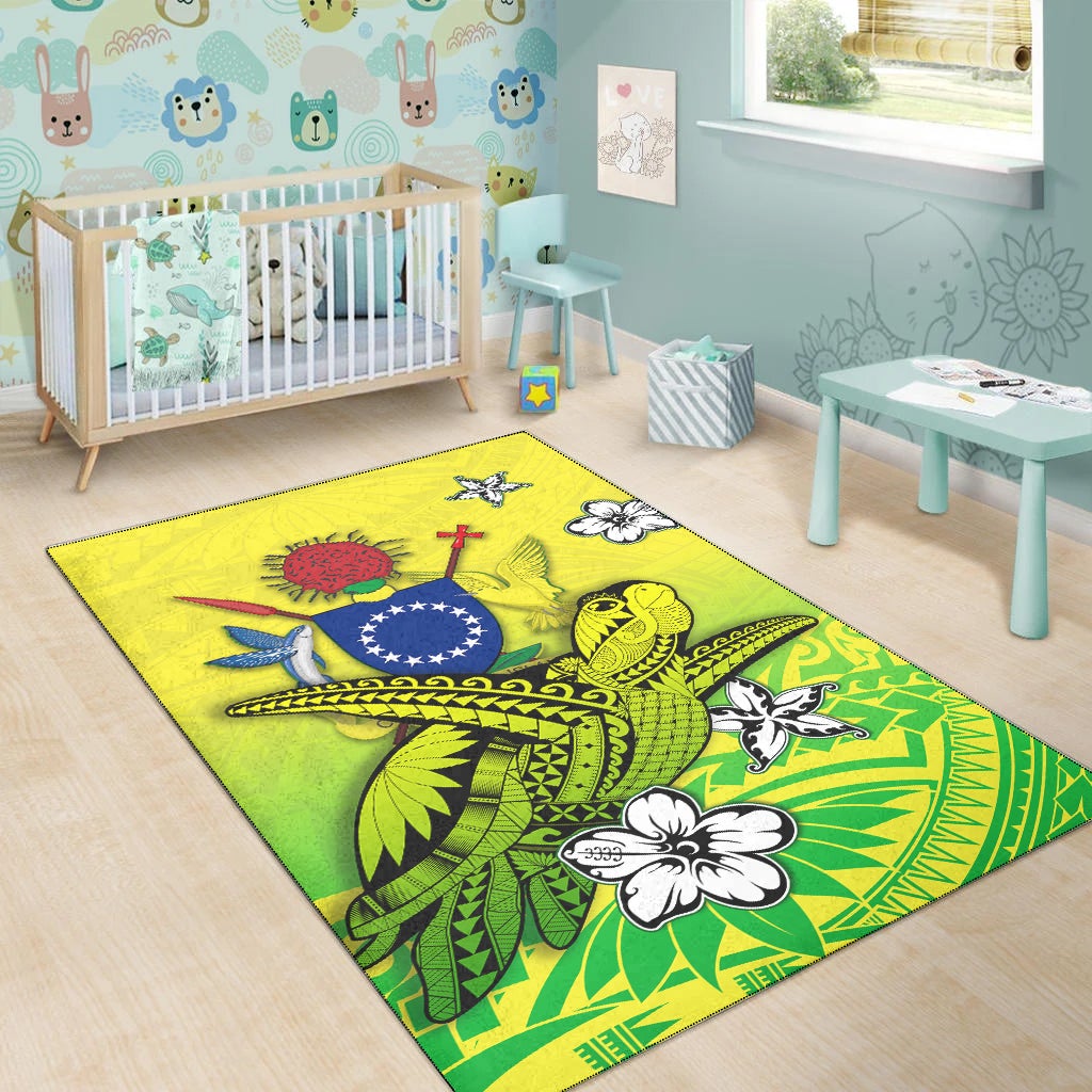 Green Polynesian turtle area rug with island emblem, flowers and starfish motifs