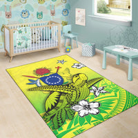 Green Polynesian turtle area rug with island emblem, flowers and starfish motifs