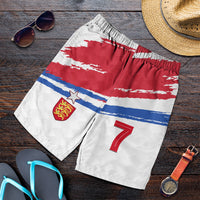 England football shorts, side view; crest and large “7” number on red-white-blue stripes