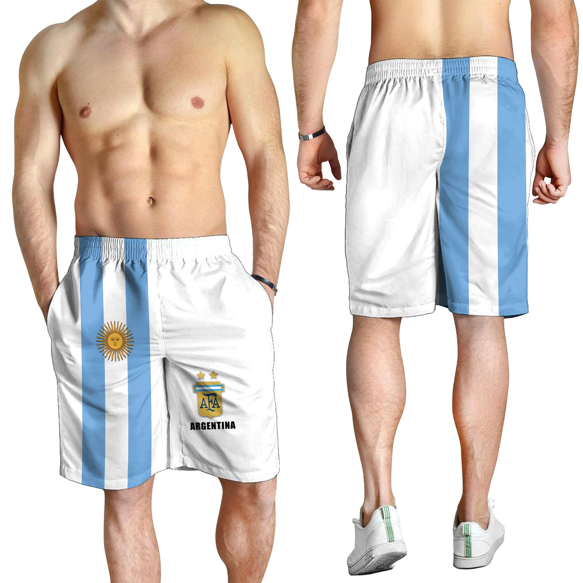 Argentina Men Shorts 2021 LT13 in white with light-blue vertical stripes and emblems