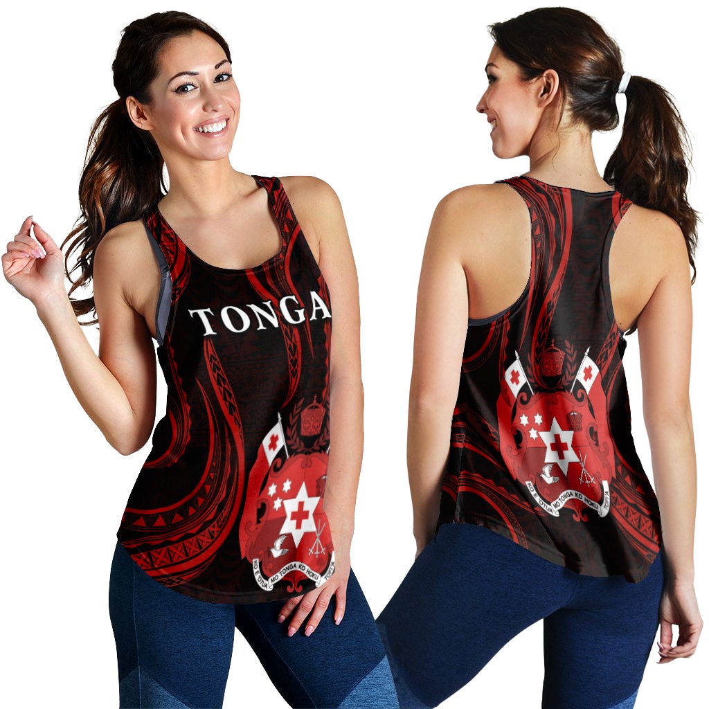 Racerback tank back view, black with red Tonga crest graphic and racerback straps