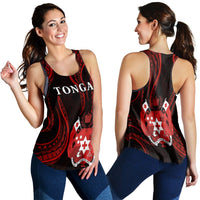 Racerback tank back view, black with red Tonga crest graphic and racerback straps