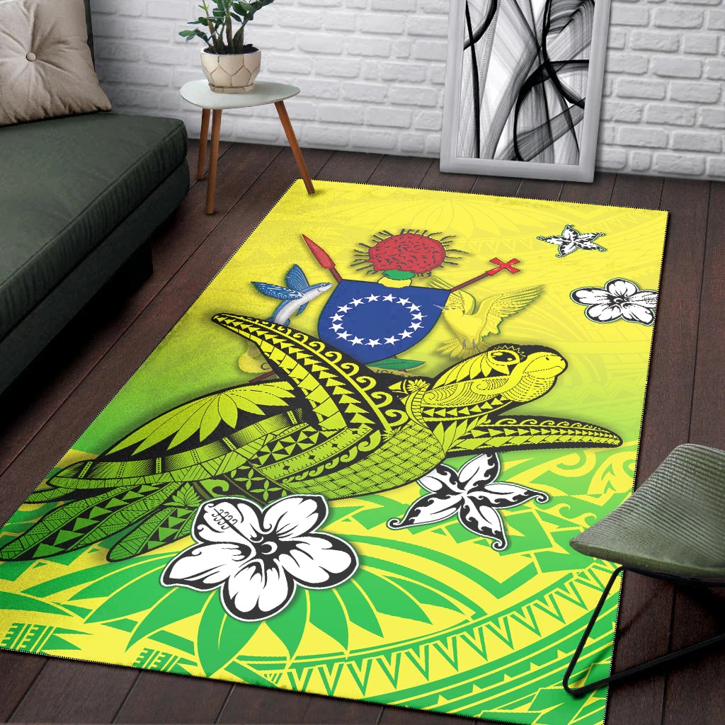 Green Polynesian turtle area rug with turtle, leaves and white flower motifs, rectangle