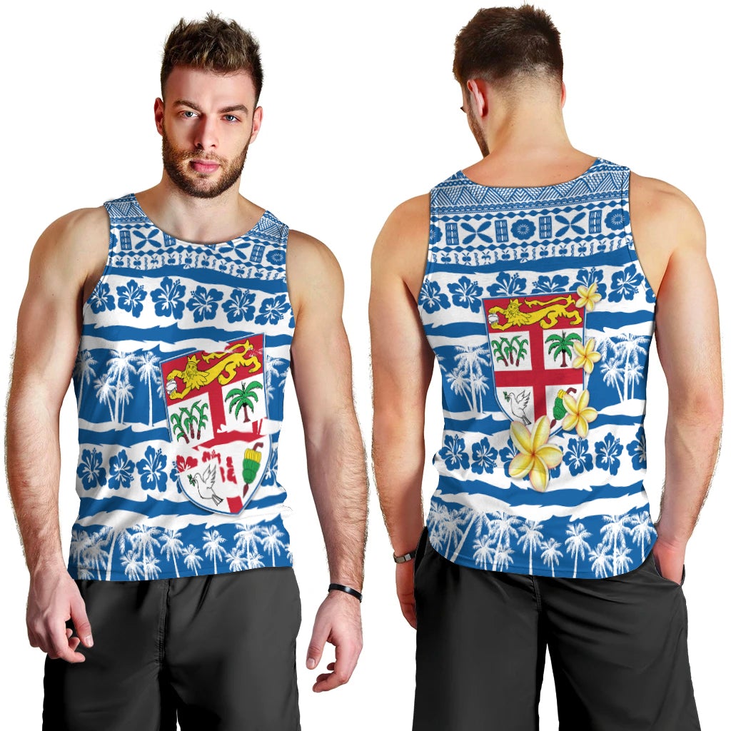 Men's blue tank top with Polynesian crest, floral and palm pattern