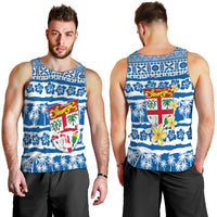 Men's blue tank top with Polynesian crest, floral and palm pattern