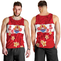 Red men’s tank top with tropical floral print and island logo on chest