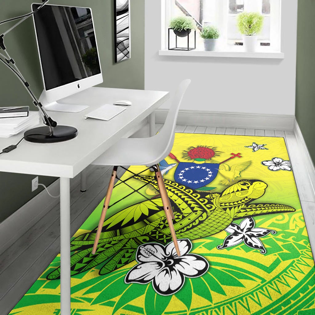 Green Polynesian turtle area rug with star circle, bird and flower designs, rectangular