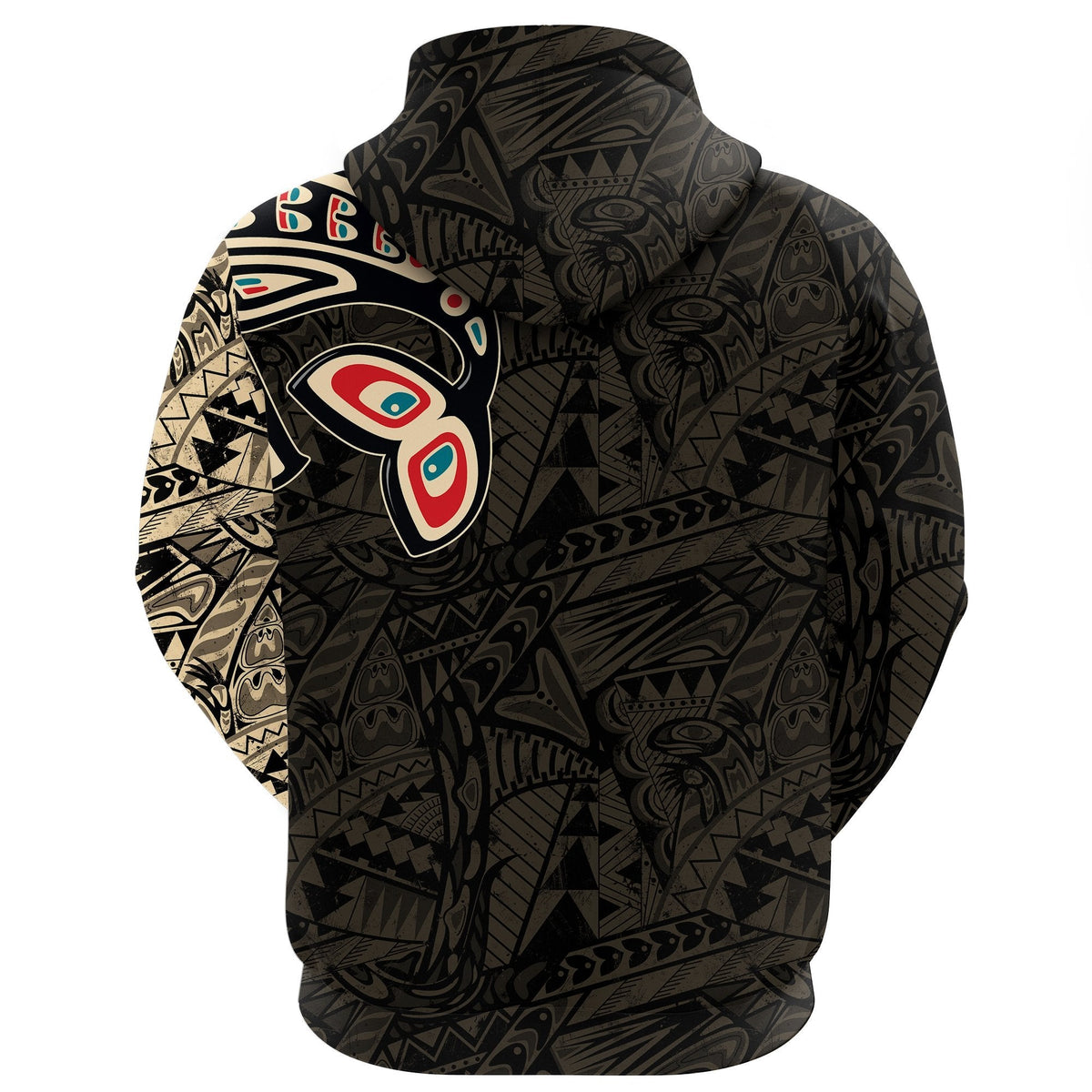 Kapuzenpullover, Rückansicht mit Orca-Kunstgrafik in Schwarz und Creme