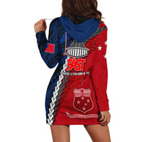 Back of blue and red hoodie dress with hood, large FAST text and emblem print