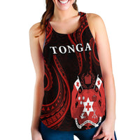 Women’s racerback tank with black base and red Tonga graphic, sleeveless scoop neck