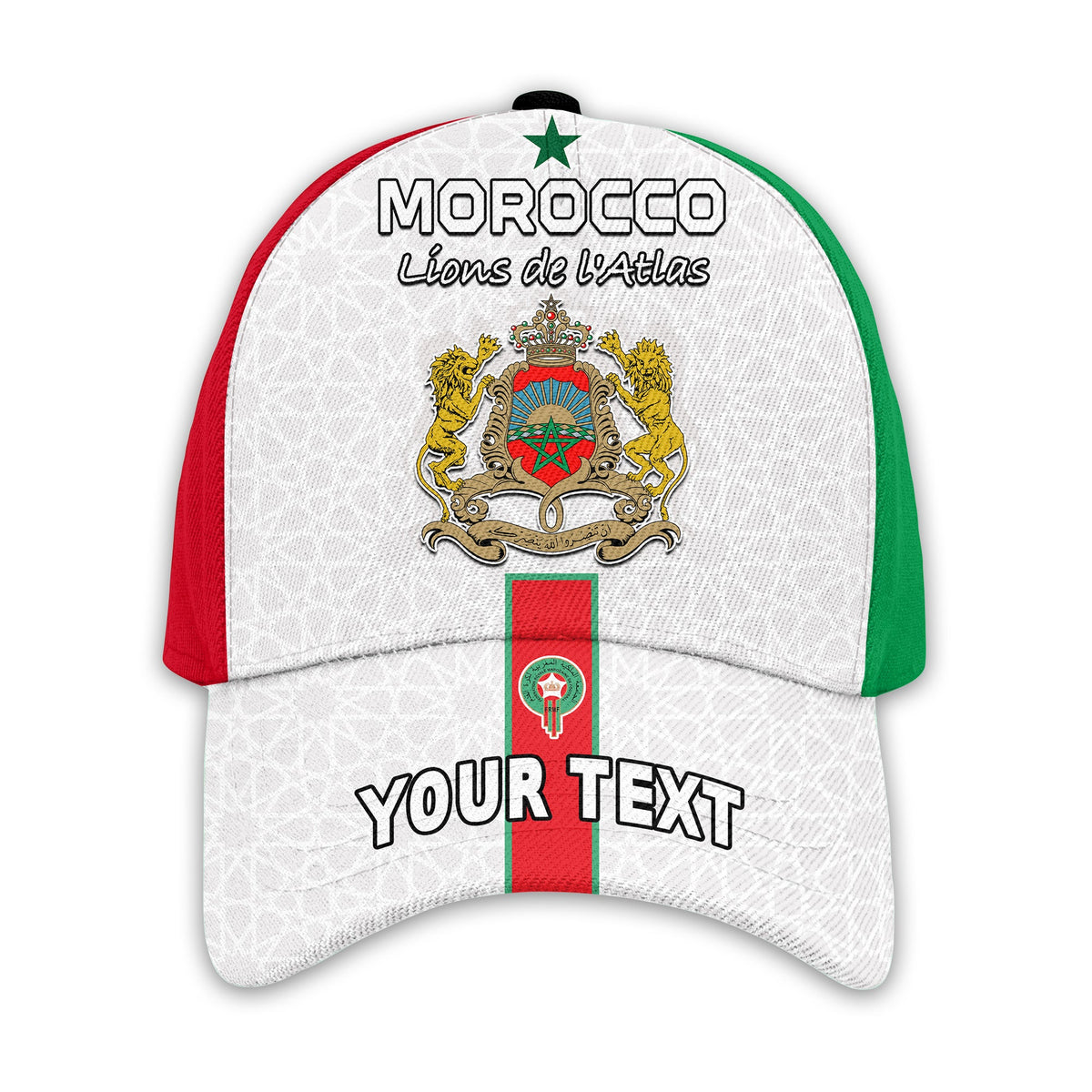 Classic baseball cap with Morocco crest, lions emblem, red-green stripe, and 'YOUR TEXT'.