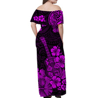 Off-shoulder long dress with purple floral and ukulele pattern, back view