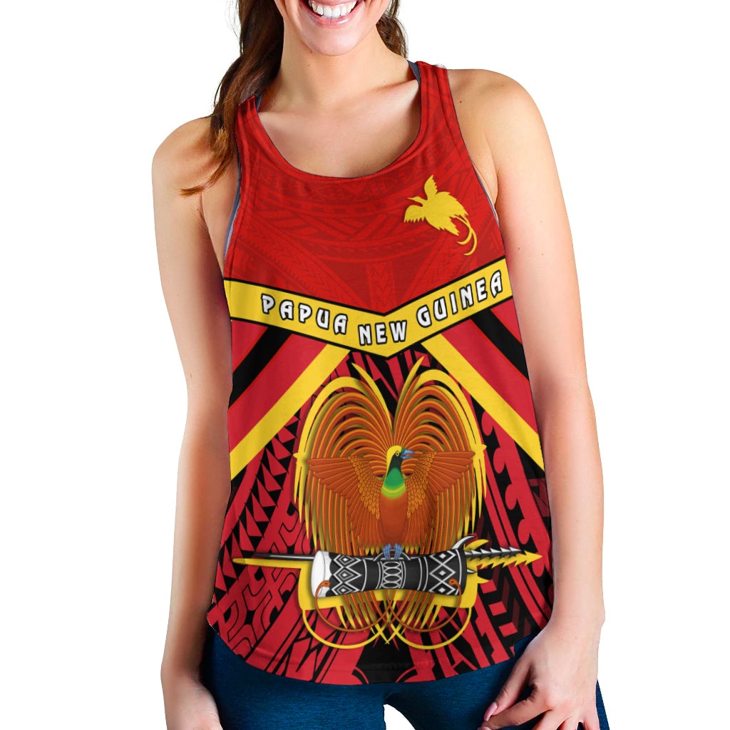 Red women’s racerback tank with Papua New Guinea graphic, bird and slogan on front