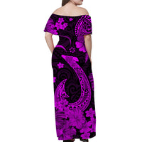Women's off-shoulder long dress, wide neckline, purple tribal and flower pattern