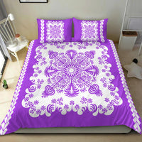 Purple bedding set featuring central white ornamental swirl medallion and patterned borders