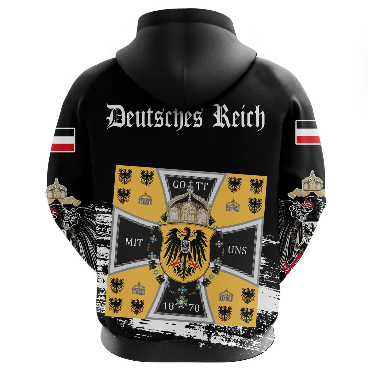 Black pullover hoodie back view, large white text with multicolor crest graphic