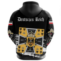 Black pullover hoodie back view, large white text with multicolor crest graphic