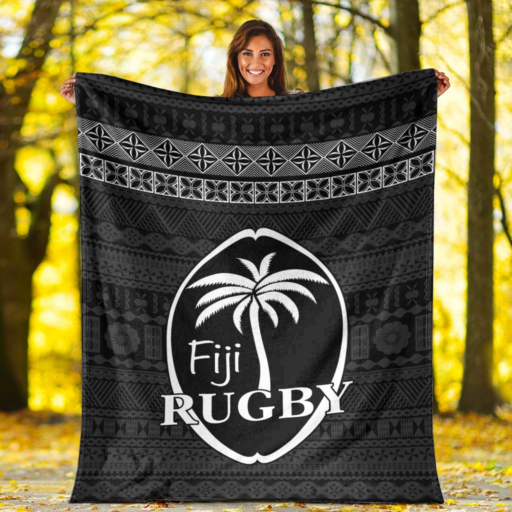 Black Fiji Rugby tapa-themed throw with white crest and geometric banding
