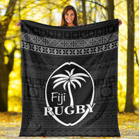 Black Fiji Rugby tapa-themed throw with white crest and geometric banding