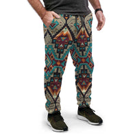 Multicolor tribal geometric jogger pants, elastic cuffs and drawstring waist