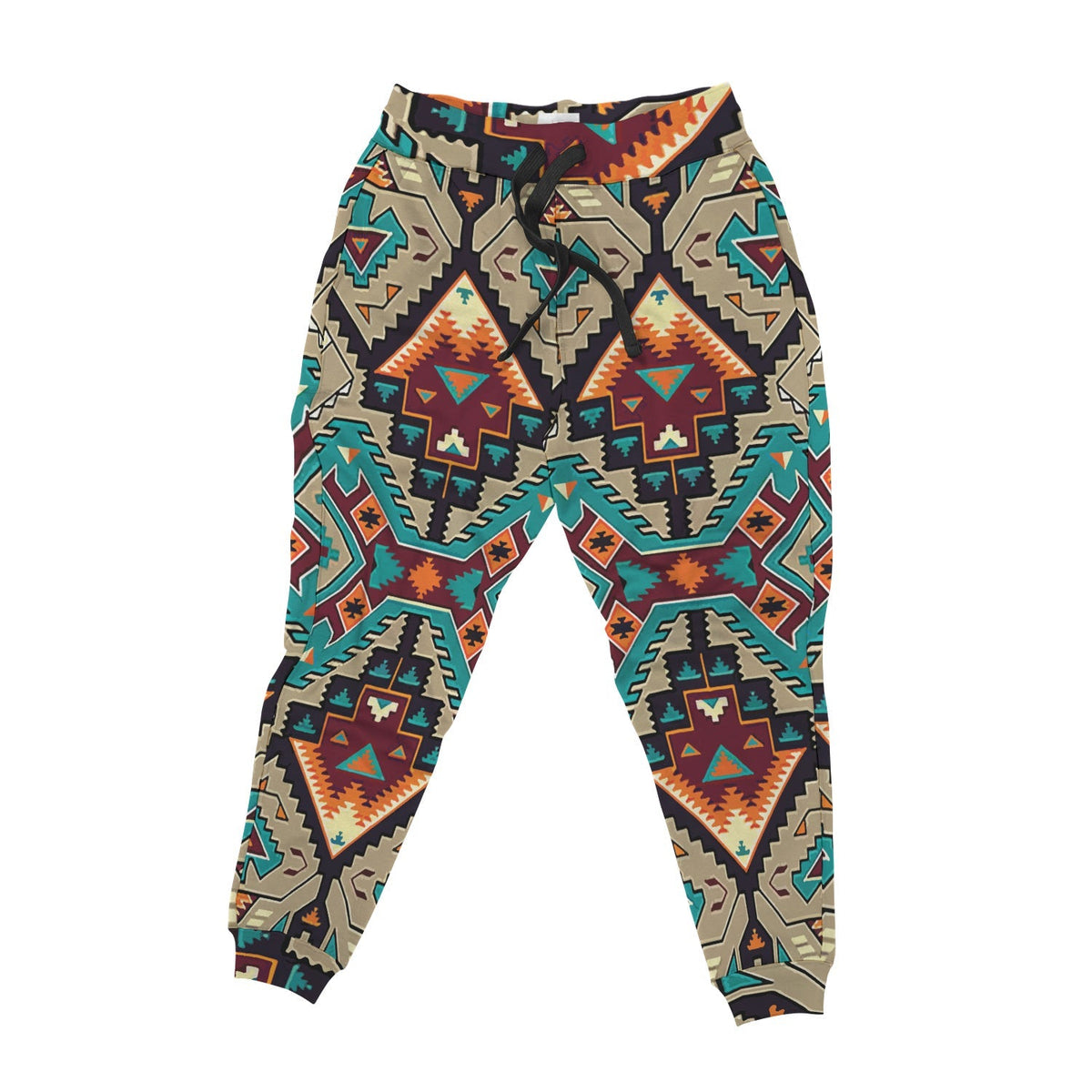 Flat lay jogger pants in multicolor geometric pattern with elastic waistband