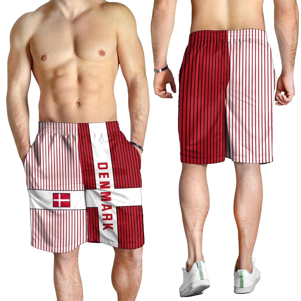 Men’s Denmark football shorts, red-and-white vertical stripe design with elastic waist, side branding