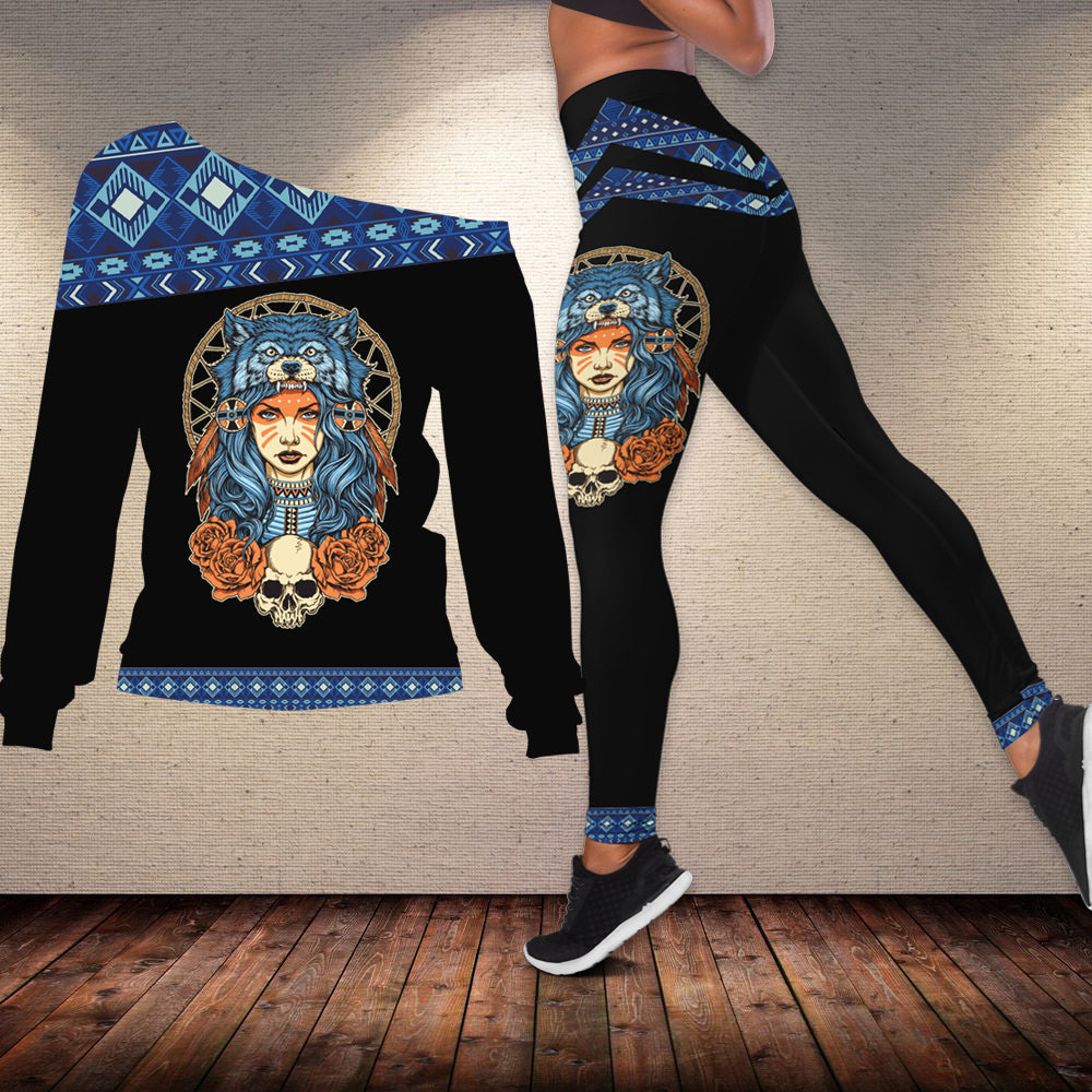 Girls off-shoulder sweater and leggings set with blue wolf and skull native print, multicolor