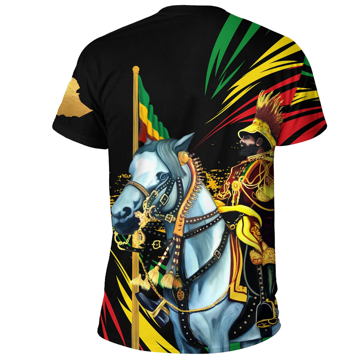 Black T-shirt back view with horse and tricolor flag graphic, gold rays