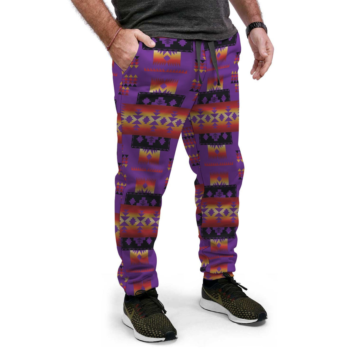 Purple jogger pants with multicolor geometric Native-style pattern, black drawstring