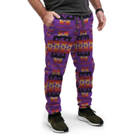 Purple jogger pants with multicolor geometric Native-style pattern, black drawstring