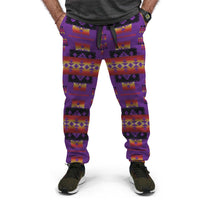 Front view purple joggers with multicolor geometric print and cuffed ankle hems