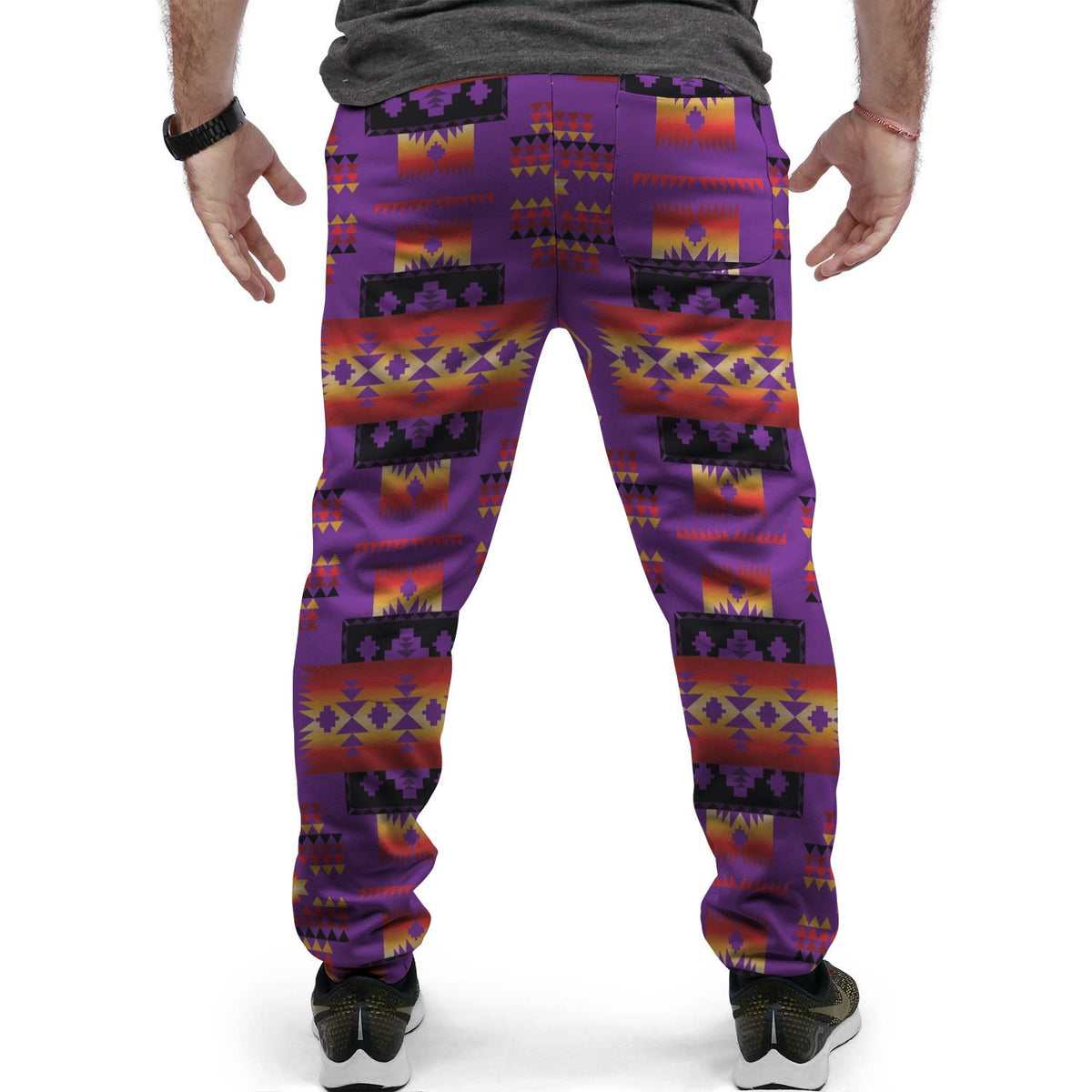 Back view purple jogger pants with bold multicolor geometric pattern and elastic cuffs