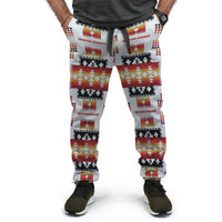 Multicolor geometric patterned joggers, elastic ankle cuffs and relaxed straight fit.