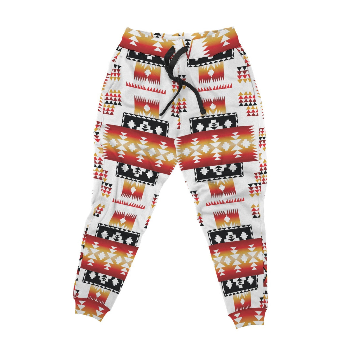 Light gray patterned joggers with multicolor geometric design and black drawstring waist.