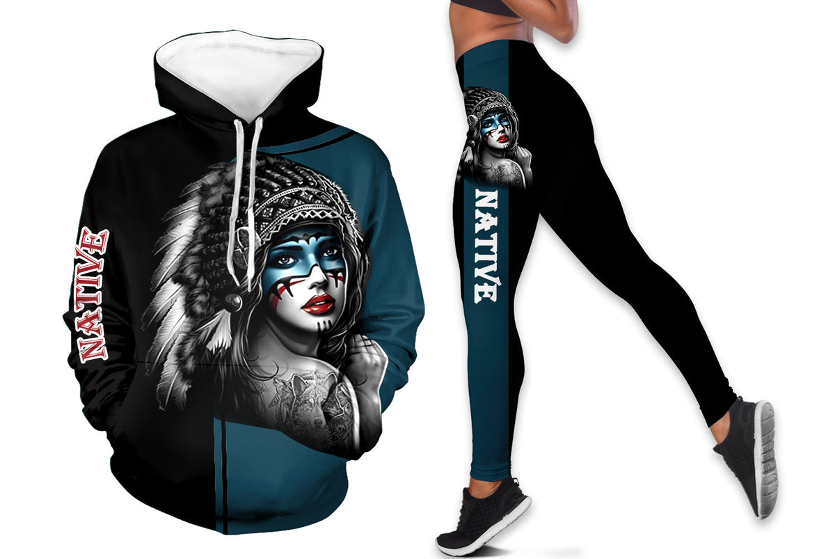 Native American girl hoodie and leggings set, black/teal with graphic front and side print
