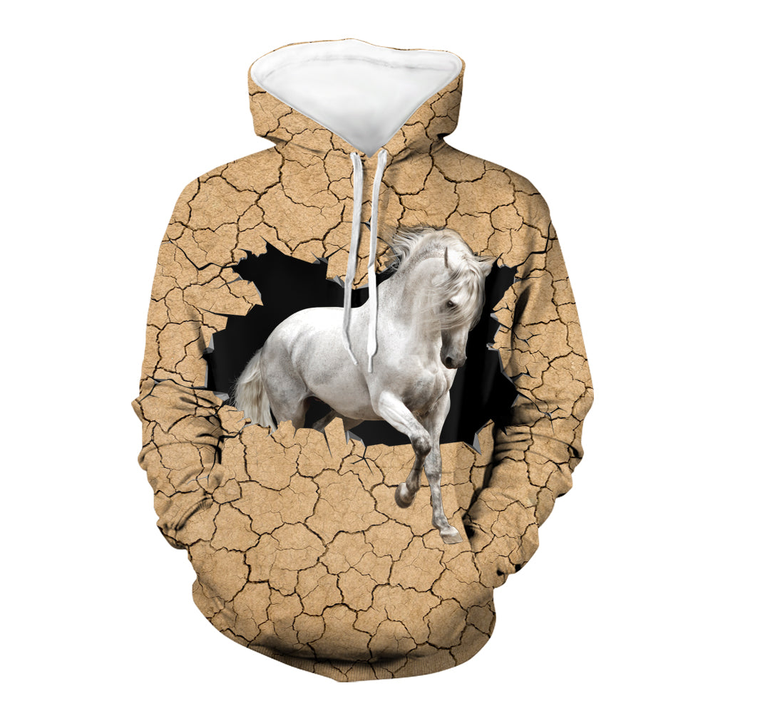 Tan pullover hoodie with cracked pattern and 3D white horse graphic