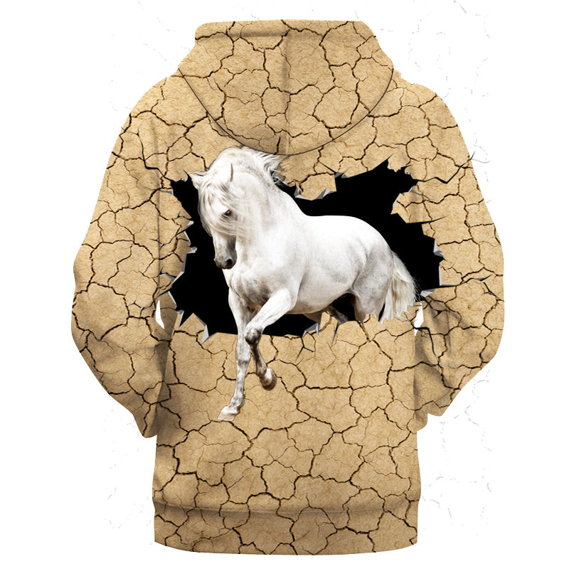 Tan pullover hoodie with cracked design, white horse in profile, front hood
