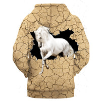 Tan pullover hoodie with cracked design, white horse in profile, front hood