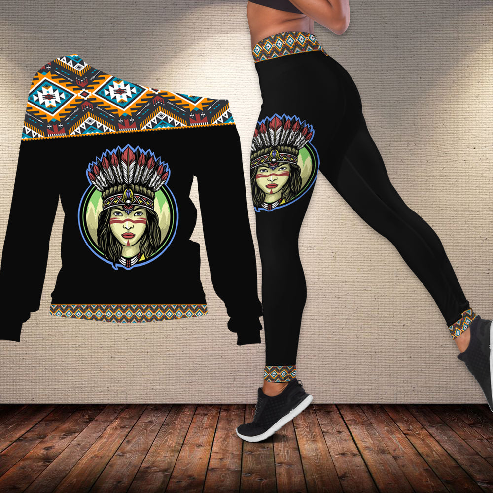 Black off-shoulder sweater and patterned leggings set, multicolor tribal chief print