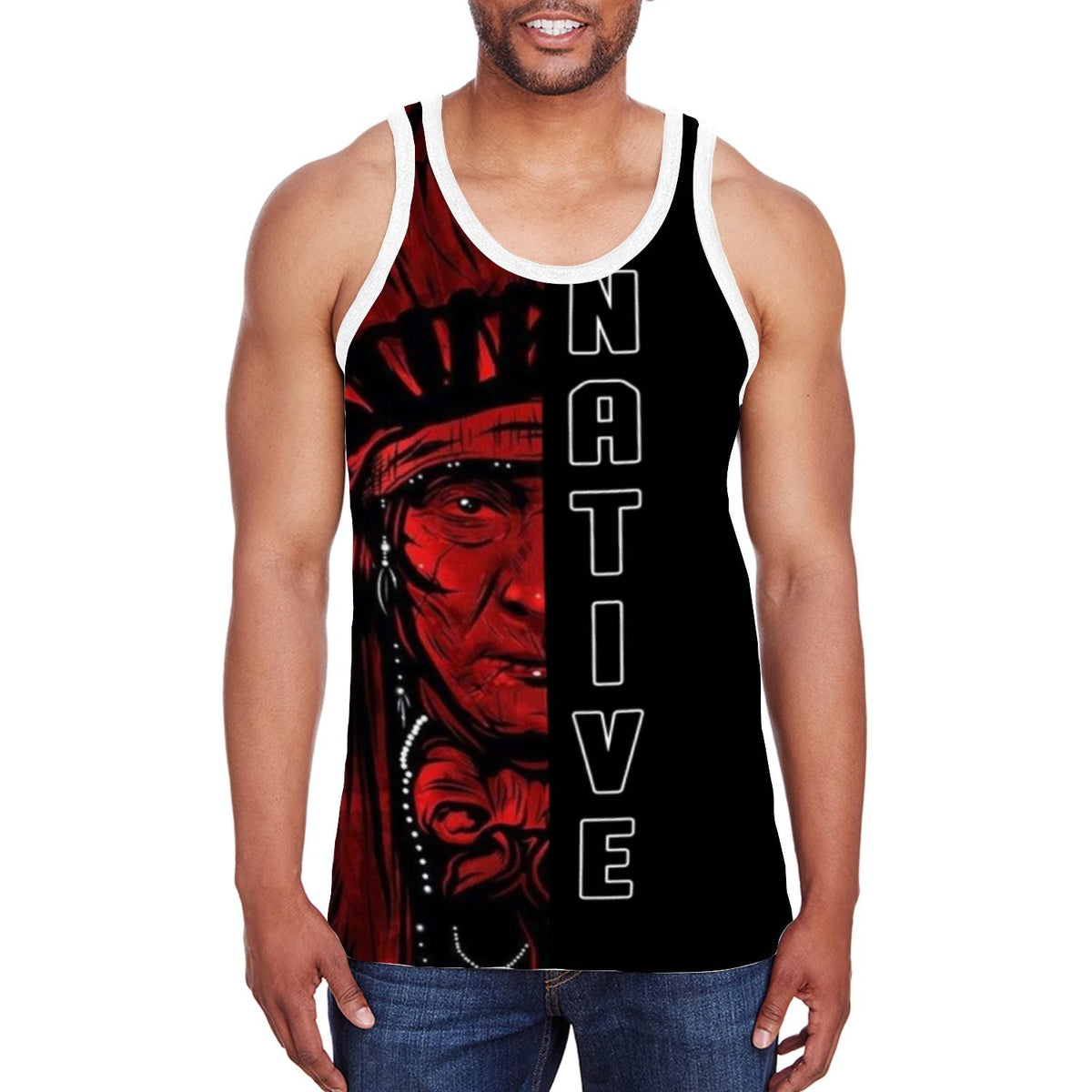 Close-up of men's tank front: red chief portrait on black with white vertical text